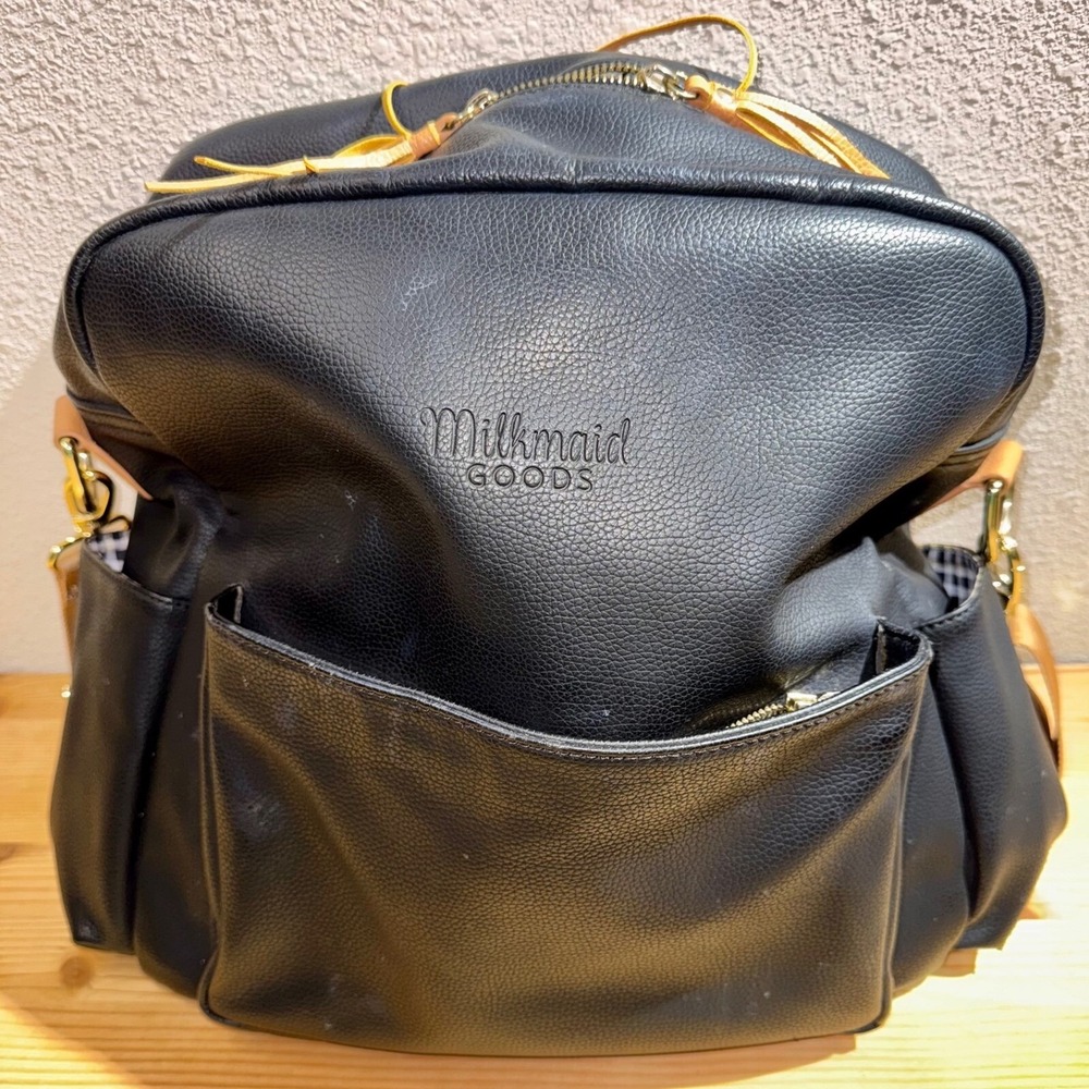 Milkmaid Goods Diaper Backpack Convertible Tote Black Gingham Interior